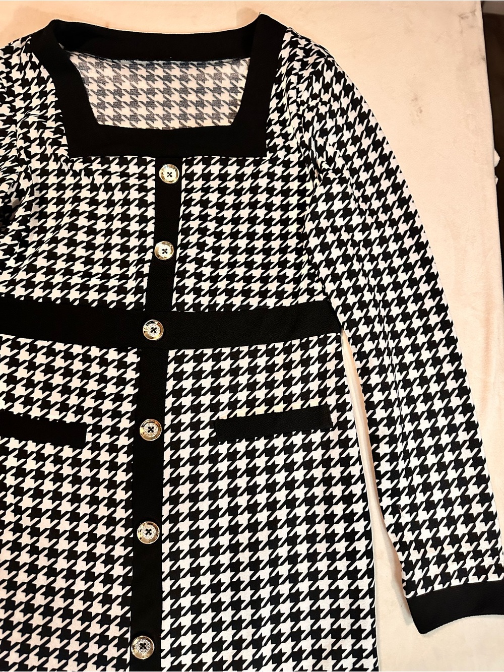 Houndstooth Midi Dress with Contrast Trim - Black/White - Picture 5 of 7